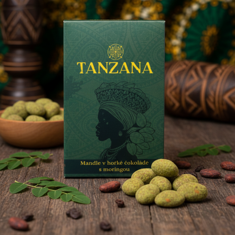 Mandle v hořké čokoládě s moringou – TANZANA 90g